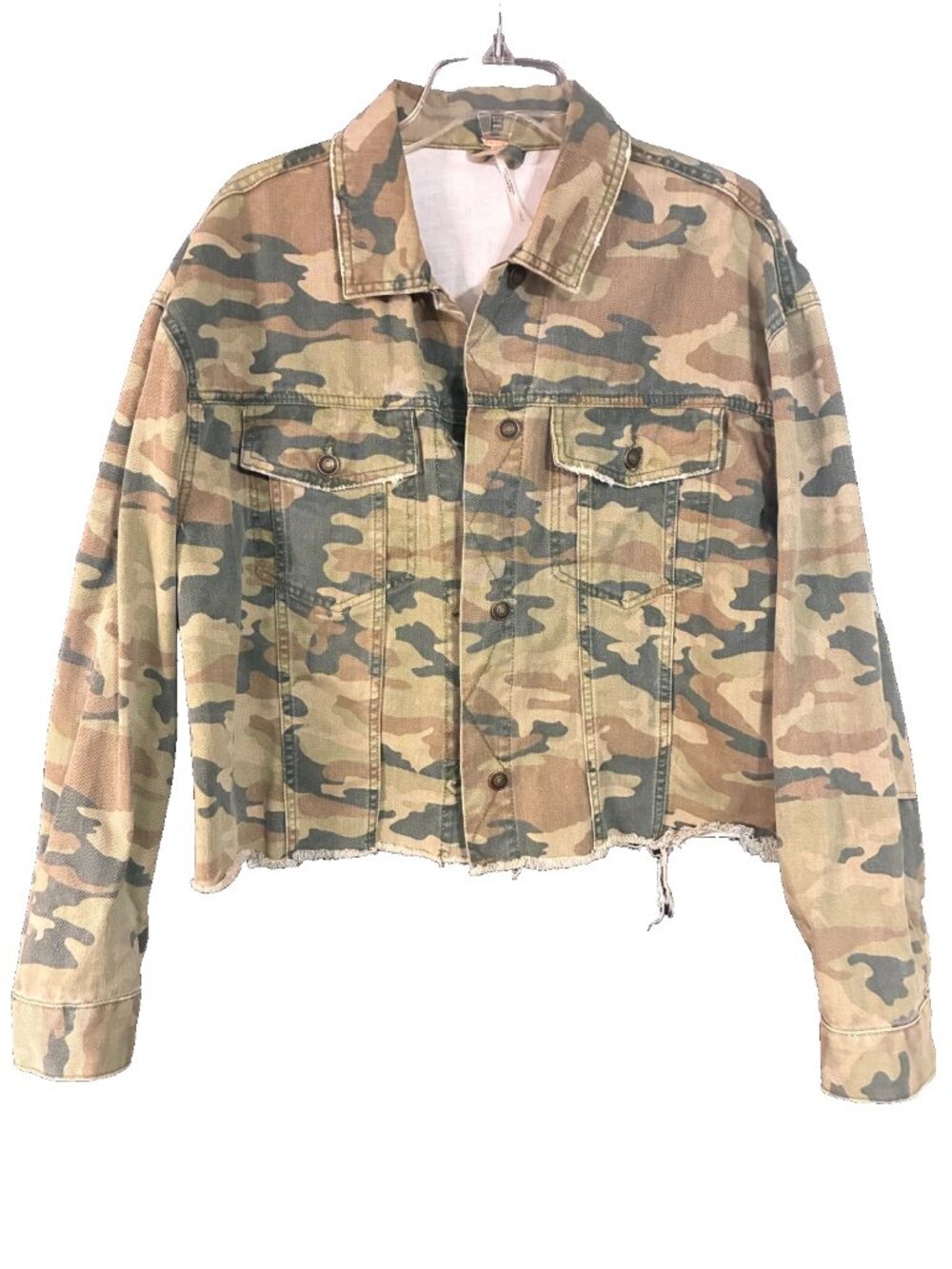 Free People "We The Free" OG Camo Denim Jacket Cropped Raw Hem Women Large